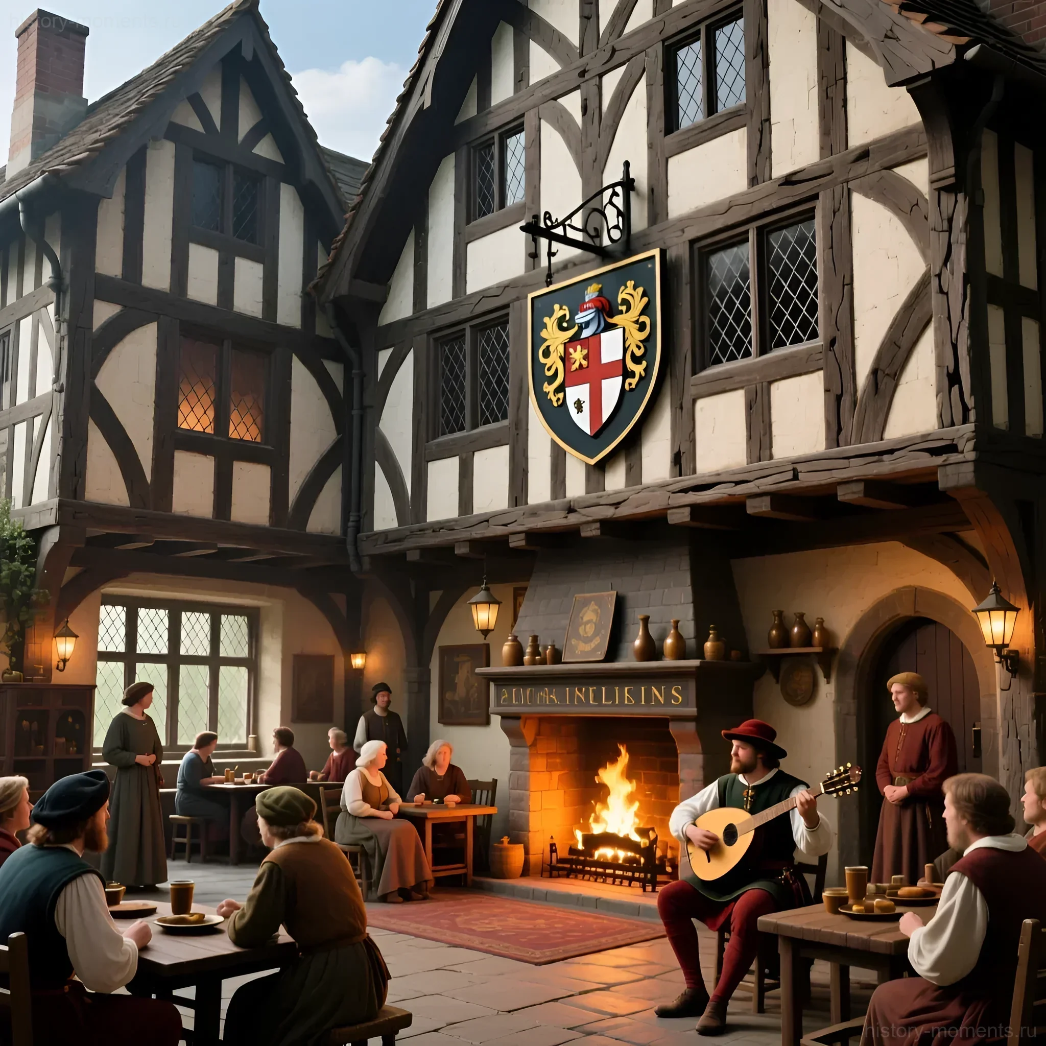 Иллюстрация средневековой таверны с людьми, сидящими за столами, музыкантом с лютней и большим камином.