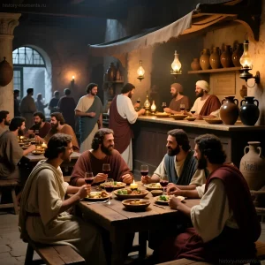 Реконструкция интерьера древнеримской таверны: посетители за столами, бармен за стойкой, амфоры и светильники.