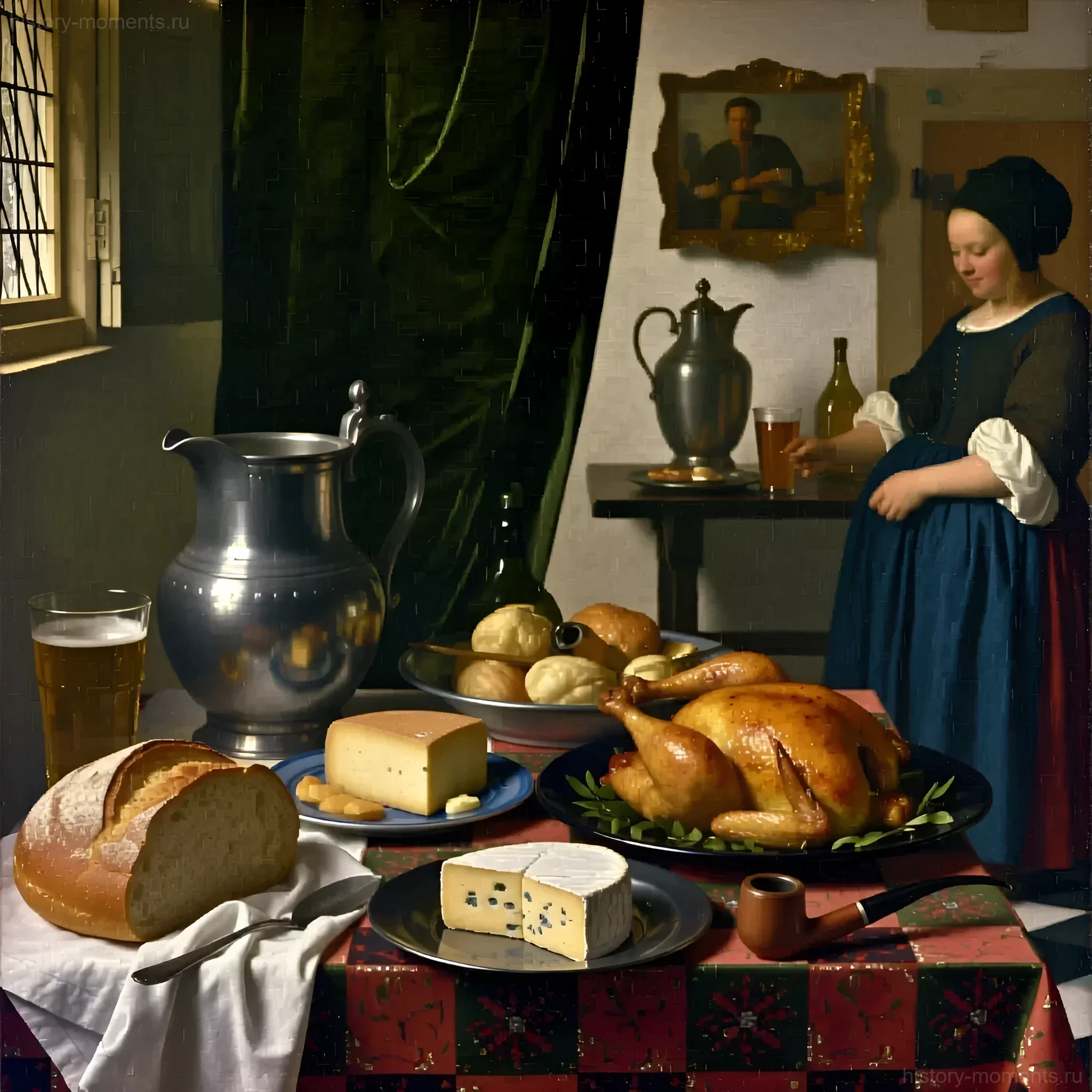 Натюрморт с обильным столом в таверне XVII века: жареная птица, хлеб, сыр, пиво и служанка, разливающая напиток.