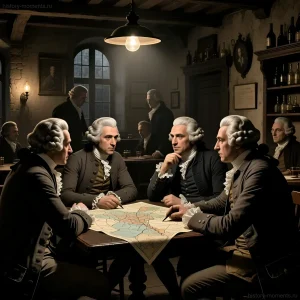 Иллюстрация: Группа джентльменов в париках, склонившихся над картой в полумраке таверны XVIII века, обсуждая политические или военные планы.