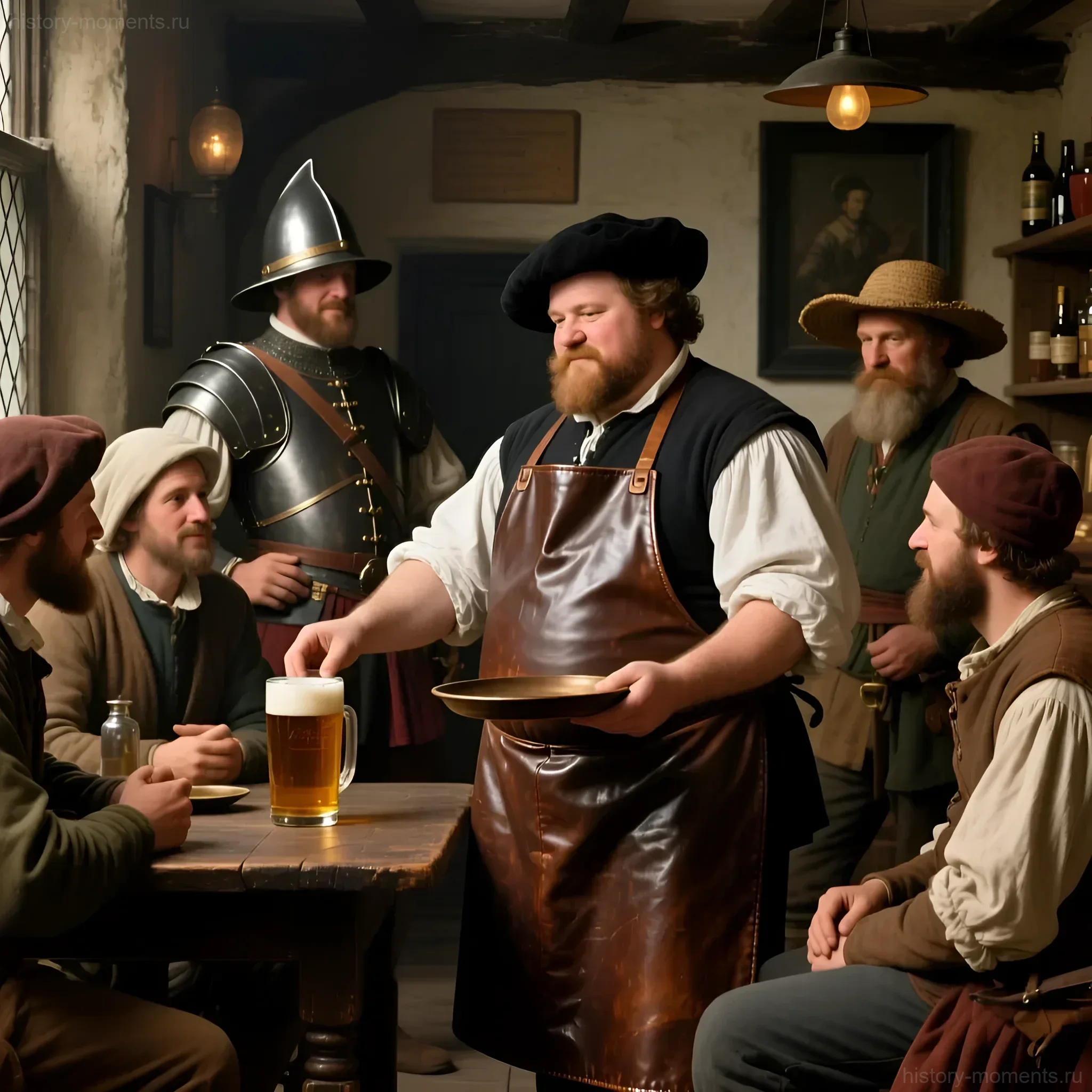 Реконструкция интерьера европейской таверны XVII века: трактирщик разливает напиток посетителям, среди которых солдаты и путники.