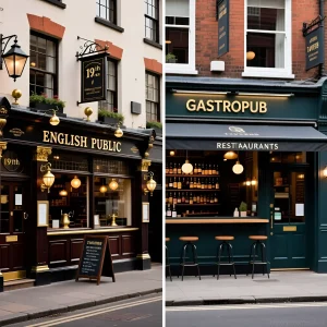 Коллаж, демонстрирующий контраст между традиционной английской таверной с вывеской 'English Public' и современным гастропабом с вывеской 'Gastropub', отражающий изменения в культуре питания и отдыха.