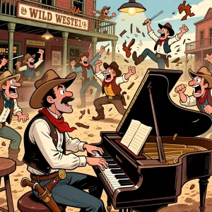 Яркая иллюстрация салуна на Диком Западе: ковбои танцуют и веселятся под музыку пианиста, атмосфера беззаботного разгула.