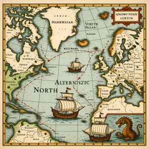 Старинная карта в стиле средневековых портоланов, изображающая Северную Атлантику с обозначением Винланда и маршрутами драккаров викингов.