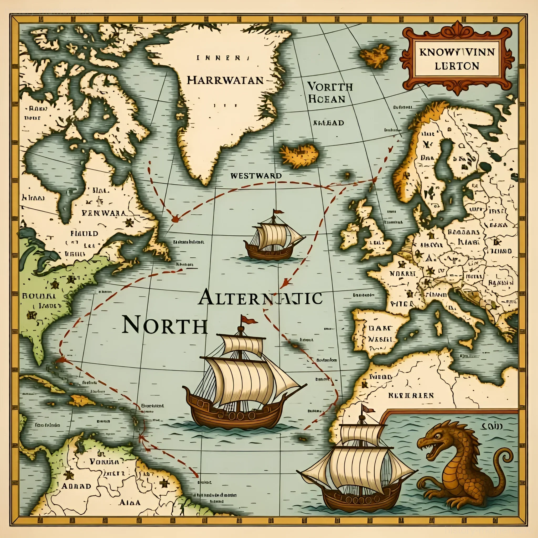 Старинная карта в стиле средневековых портоланов, изображающая Северную Атлантику с обозначением Винланда и маршрутами драккаров викингов.