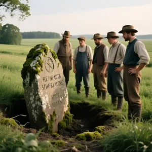 Группа фермеров в конце 19 века изучает Кенсингтонский рунный камень, покрытый мхом и рунической надписью.