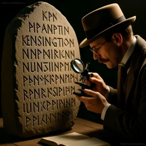 Мужчина в шляпе рассматривает рунический камень из Кенсингтона с помощью лупы, пытаясь расшифровать древние надписи.