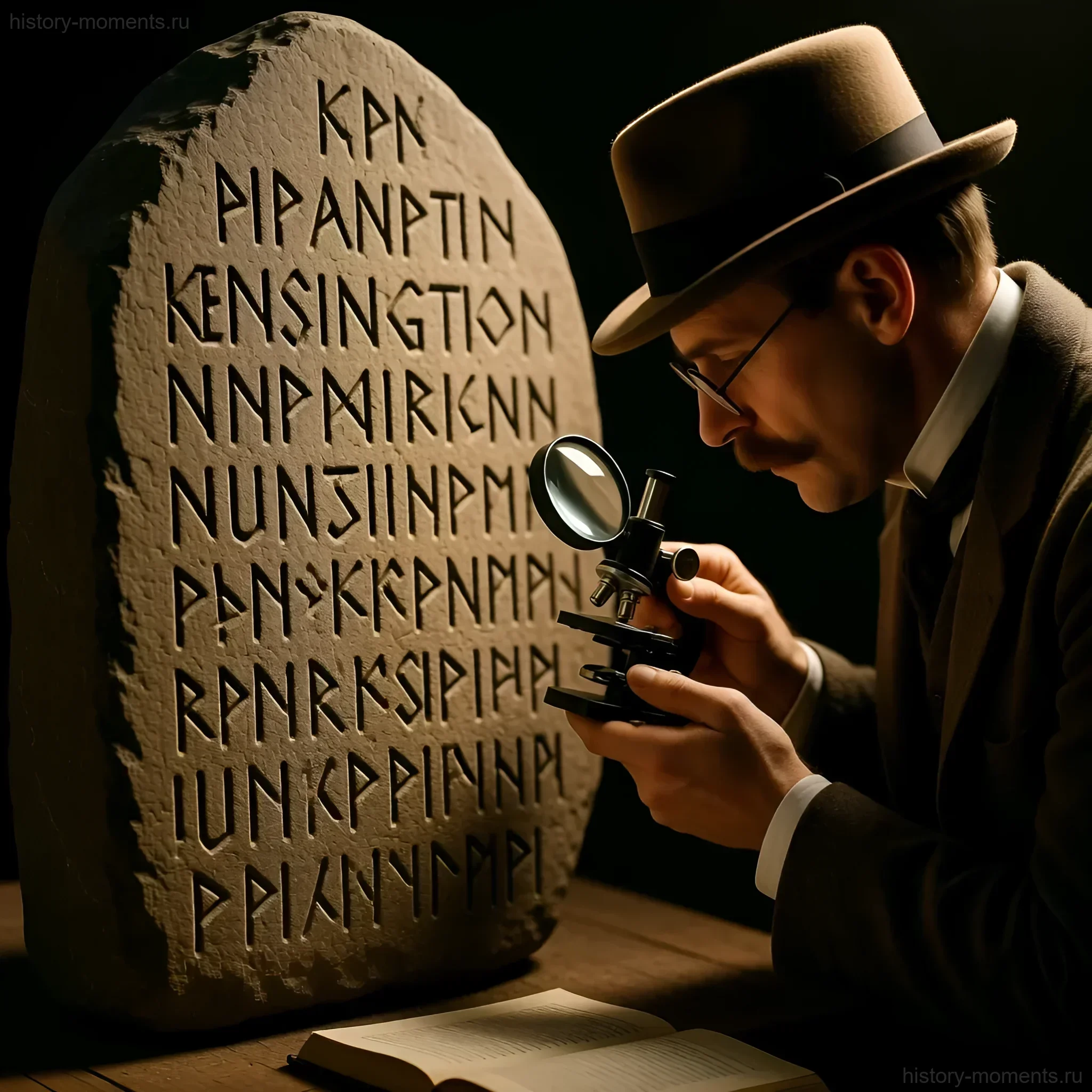 Мужчина в шляпе рассматривает рунический камень из Кенсингтона с помощью лупы, пытаясь расшифровать древние надписи.