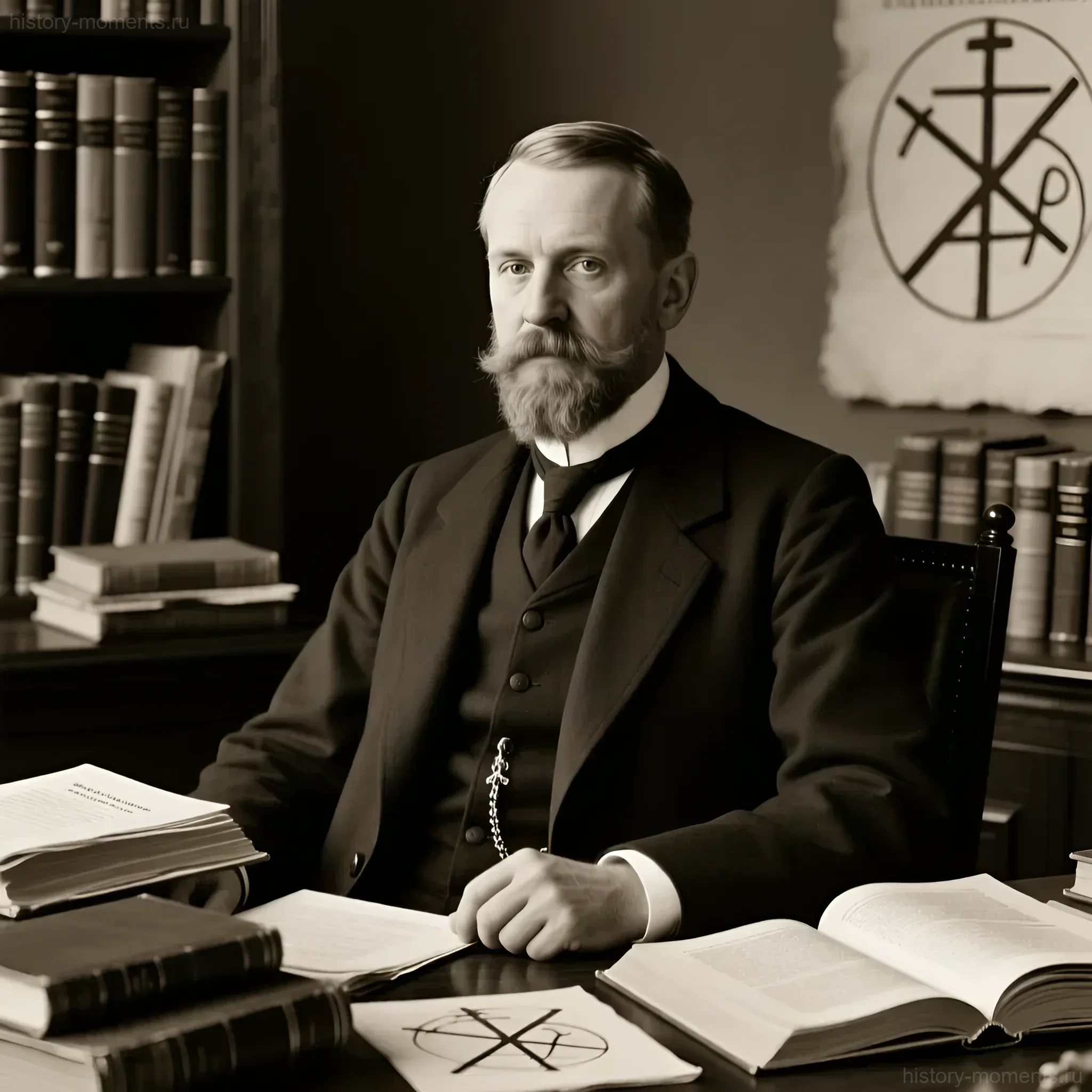 Портрет Хенрика Шюка, филолога и исследователя рун, за рабочим столом с книгами и изображениями рунических символов.