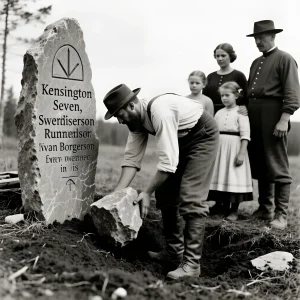 Чёрно-белая фотография 1898 года: фермер Олаф Охман откалывает кусок от Кенсингтонского рунного камня в присутствии семьи и священника.