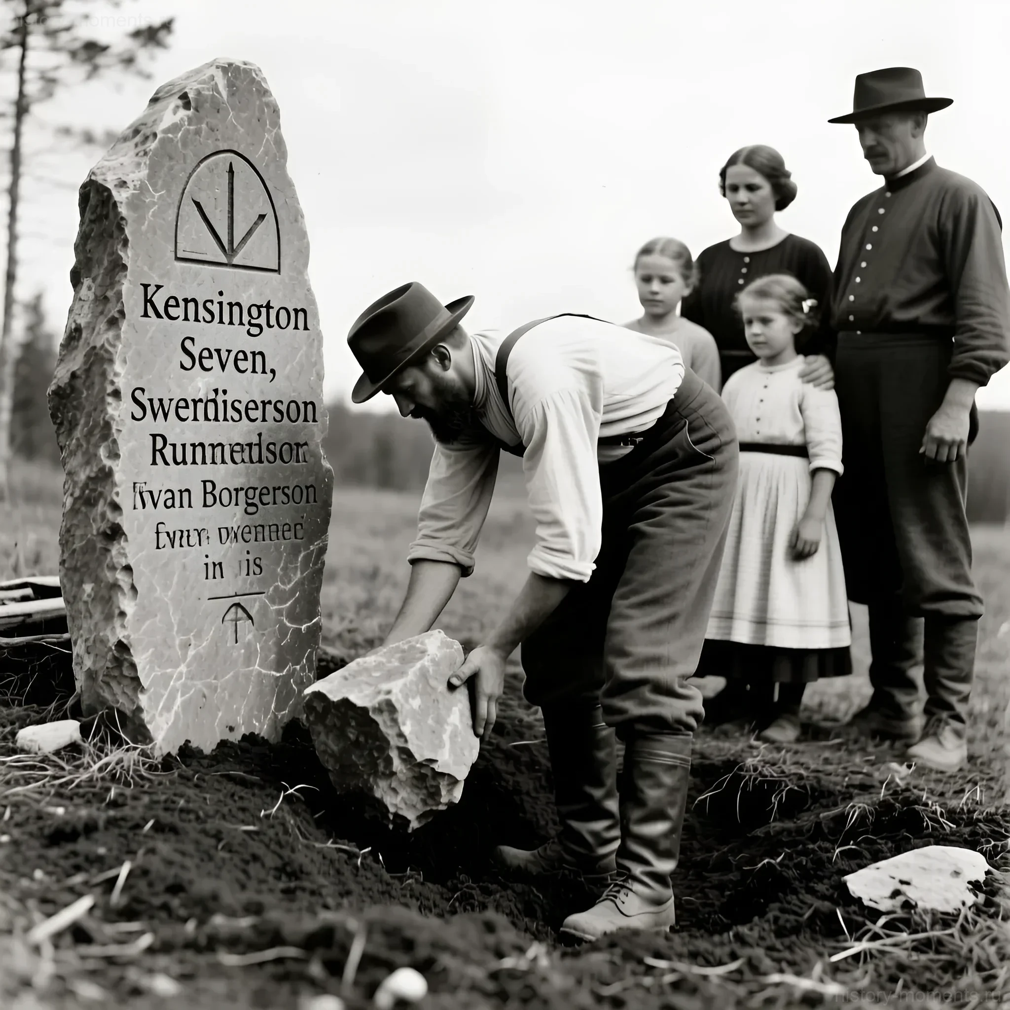 Чёрно-белая фотография 1898 года: фермер Олаф Охман откалывает кусок от Кенсингтонского рунного камня в присутствии семьи и священника.