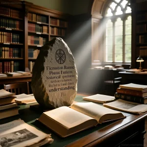 Фотография рунного камня из Кенсингтона, освещенного лучом света в старинной библиотеке, окруженного книгами и старинными документами.