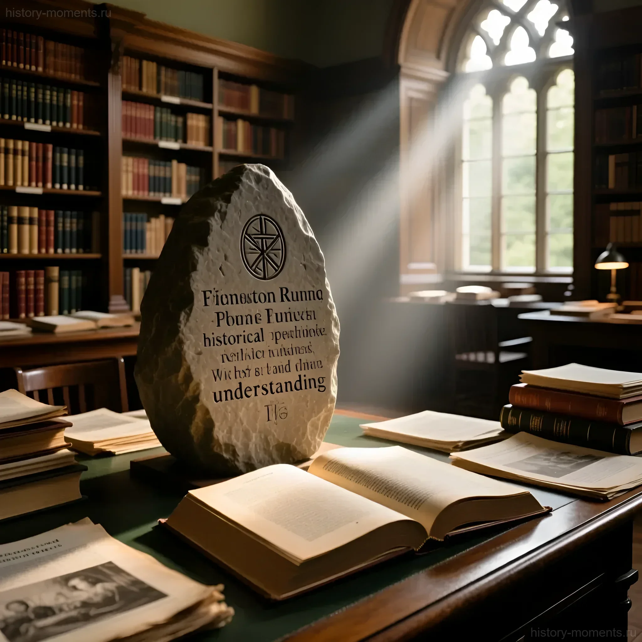 Фотография рунного камня из Кенсингтона, освещенного лучом света в старинной библиотеке, окруженного книгами и старинными документами.