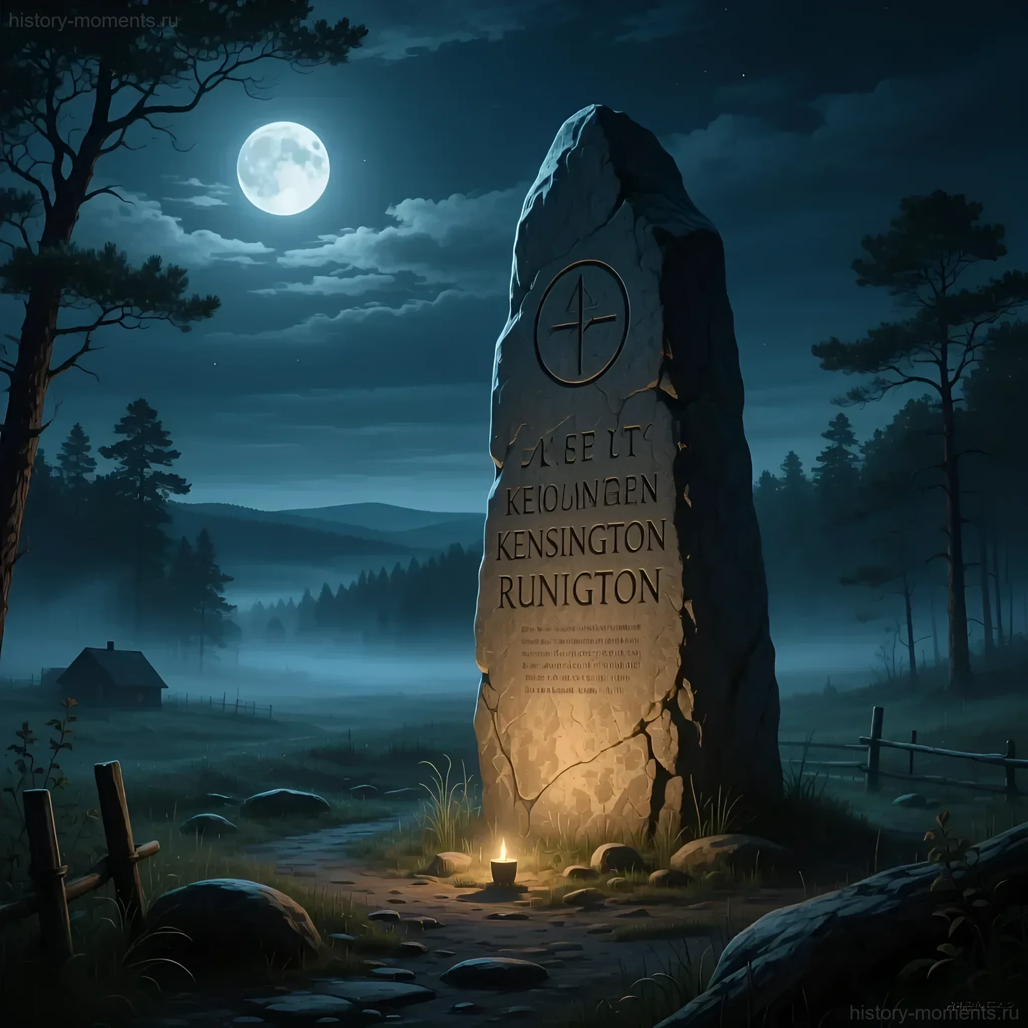 Иллюстрация рунного камня из Кенсингтона, стоящего в ночной сельской местности под полной луной, с вырезанными рунами и символами.