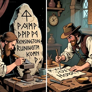 Иллюстрация, изображающая кузнеца, работающего над рунным камнем из Кенсингтона, и человека, копирующего руны, намекая на дебаты об его подлинности.