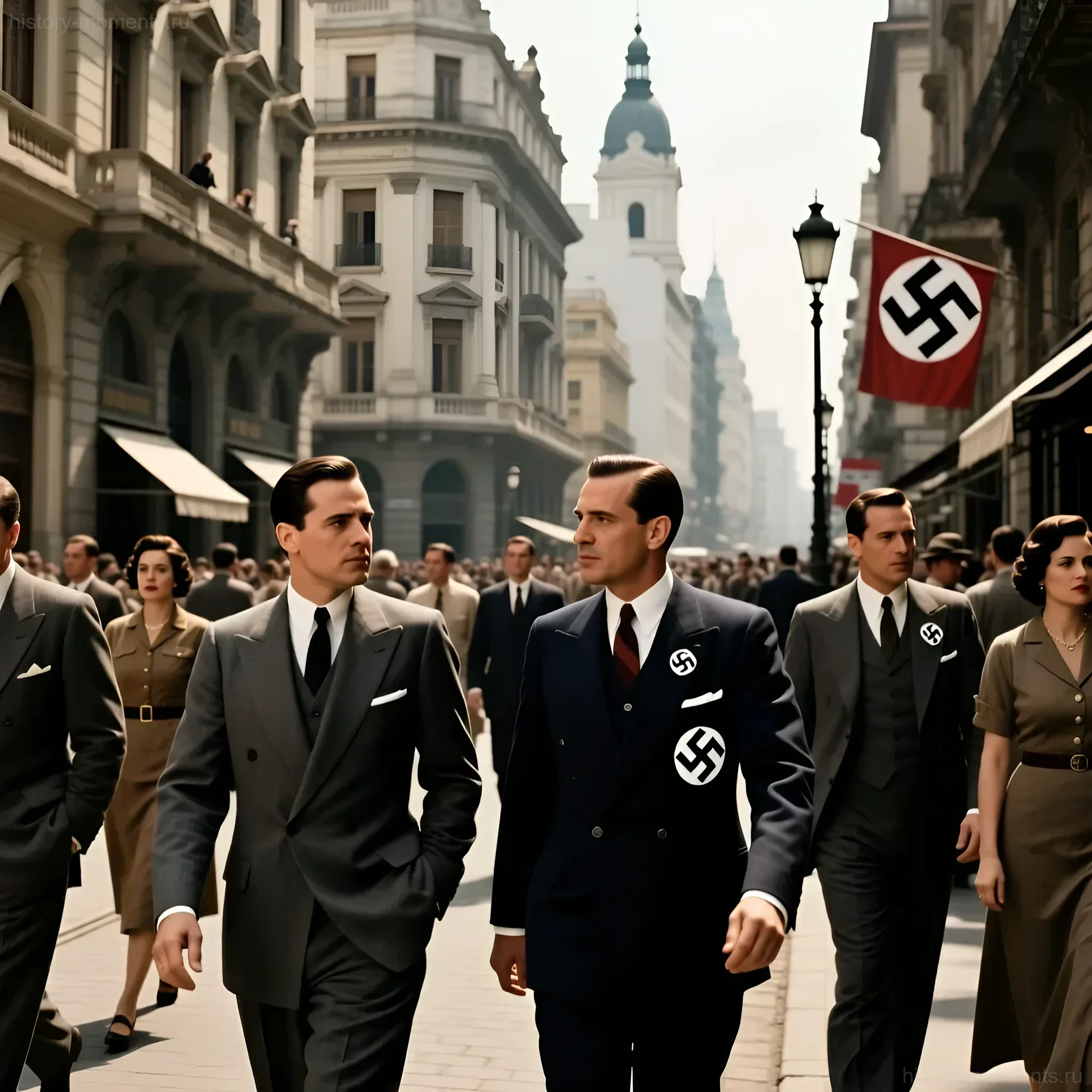 Группа людей в деловых костюмах с нацистской символикой идет по оживленной улице Буэнос-Айреса, Аргентина, предположительно 1930-е - 1940-е годы.