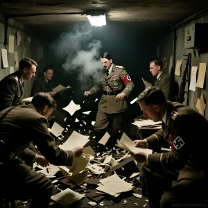 Реконструкция сцены из бункера фюрера в Берлине, апрель 1945 года: Гитлер в окружении офицеров, среди разбросанных документов и дыма.