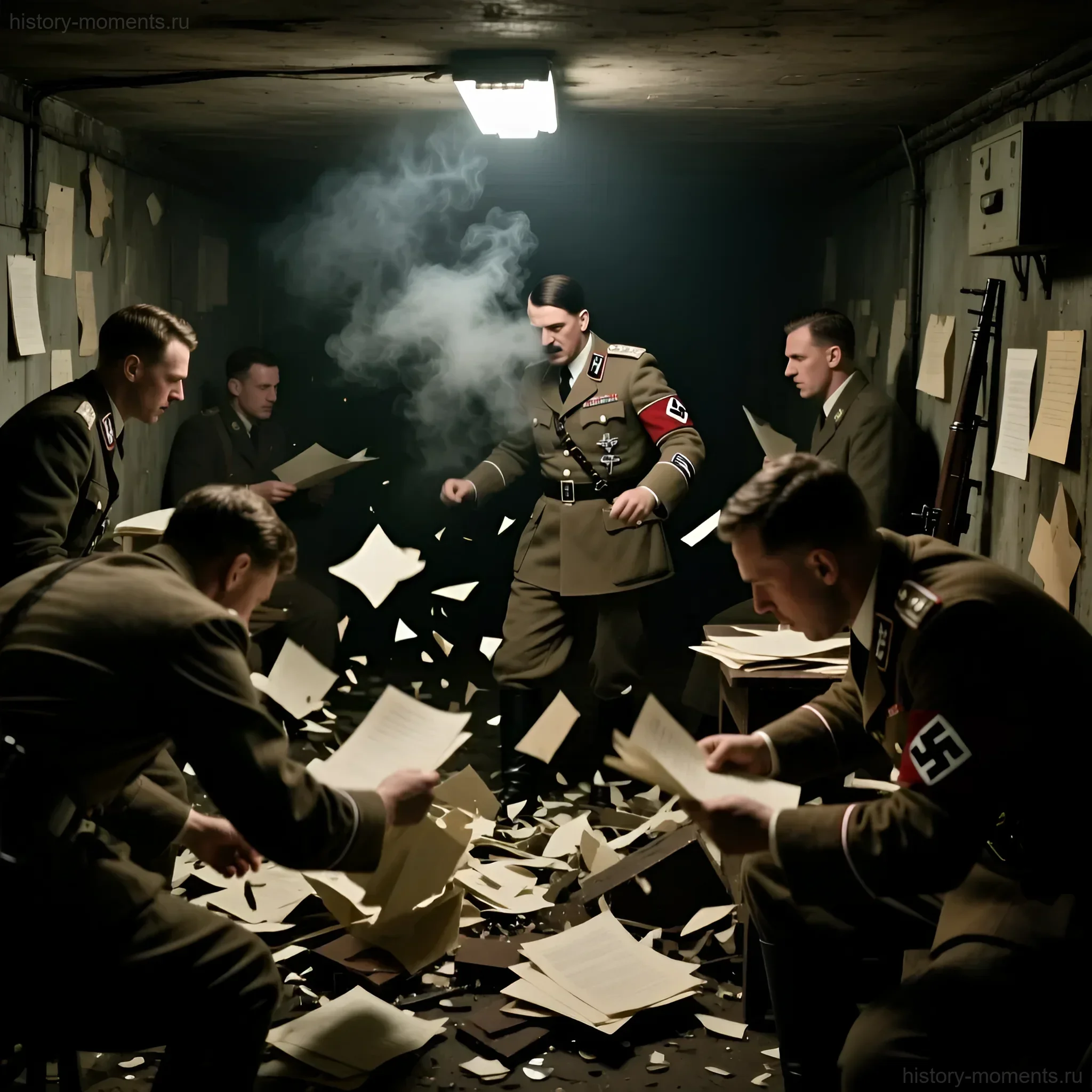 Реконструкция сцены из бункера фюрера в Берлине, апрель 1945 года: Гитлер в окружении офицеров, среди разбросанных документов и дыма.