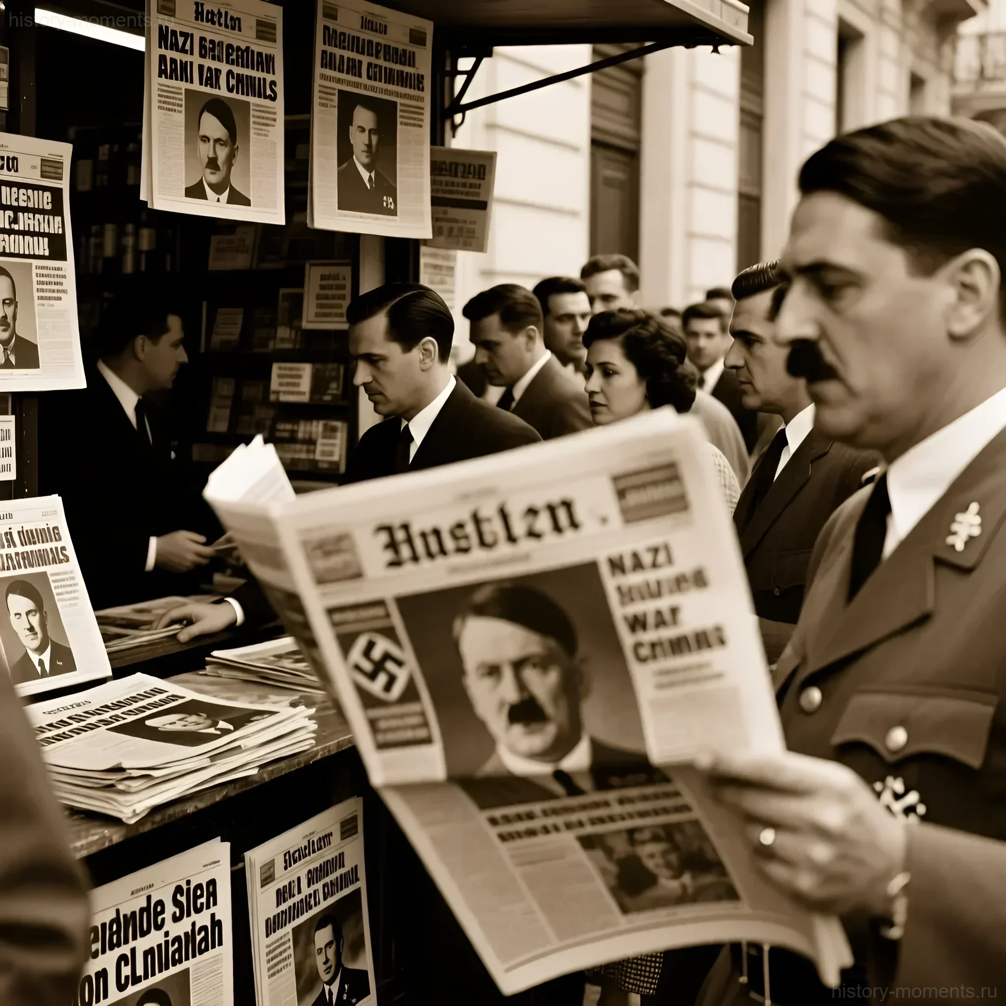 Чёрно-белое фото: люди читают газеты с портретами Гитлера и заголовками о нацистских преступлениях, на стенах развешаны те же фотографии в качестве объявлений о розыске.