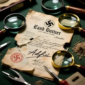 Разорванные документы с подписью 'Adolf' и символикой нацистской Германии, рассматриваемые через увеличительные стекла, символизирующие расследования и теории о побеге Гитлера.