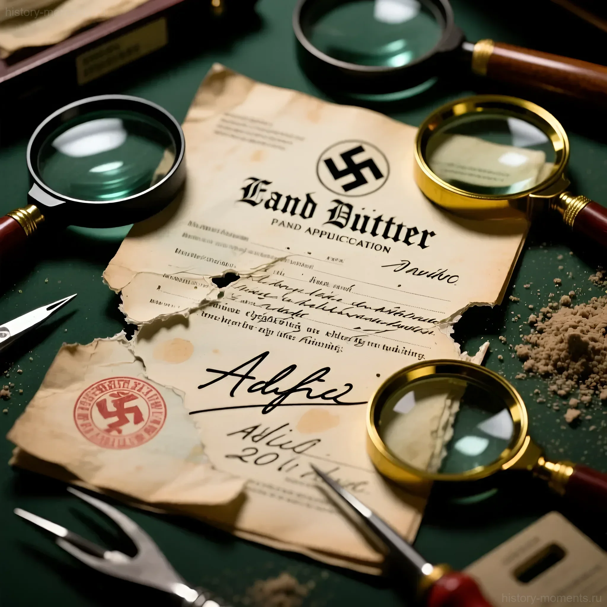 Разорванные документы с подписью 'Adolf' и символикой нацистской Германии, рассматриваемые через увеличительные стекла, символизирующие расследования и теории о побеге Гитлера.