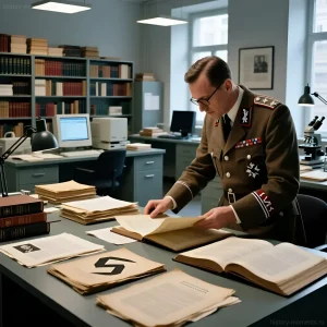 Реконструкция: высокопоставленный офицер СС в кабинете, изучающий документы, символизирующая теории о побеге нацистских лидеров в Аргентину после Второй мировой войны.