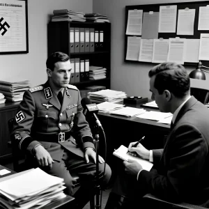 Черно-белая фотография допроса офицера СС, сидящего напротив журналиста с микрофонами, в окружении папок с документами.