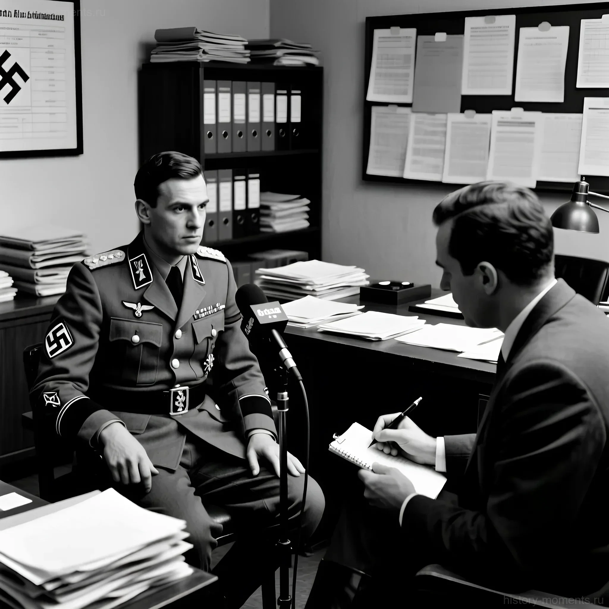 Черно-белая фотография допроса офицера СС, сидящего напротив журналиста с микрофонами, в окружении папок с документами.