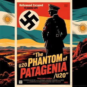 Ретро-постер в стиле пропаганды, изображающий Адольфа Гитлера на фоне аргентинского флага и пейзажа Патагонии, с надписью "The Phantom of Patagonia"