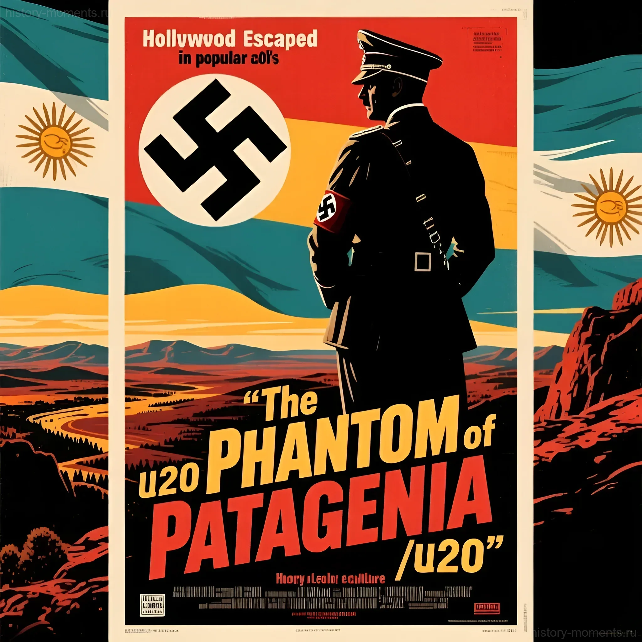 Ретро-постер в стиле пропаганды, изображающий Адольфа Гитлера на фоне аргентинского флага и пейзажа Патагонии, с надписью 