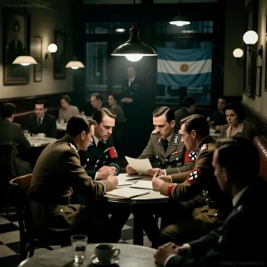 Группа мужчин в военной форме и гражданской одежде, предположительно нацистских офицеров и их сторонников, за столом в аргентинском кафе, на фоне флага Аргентины.