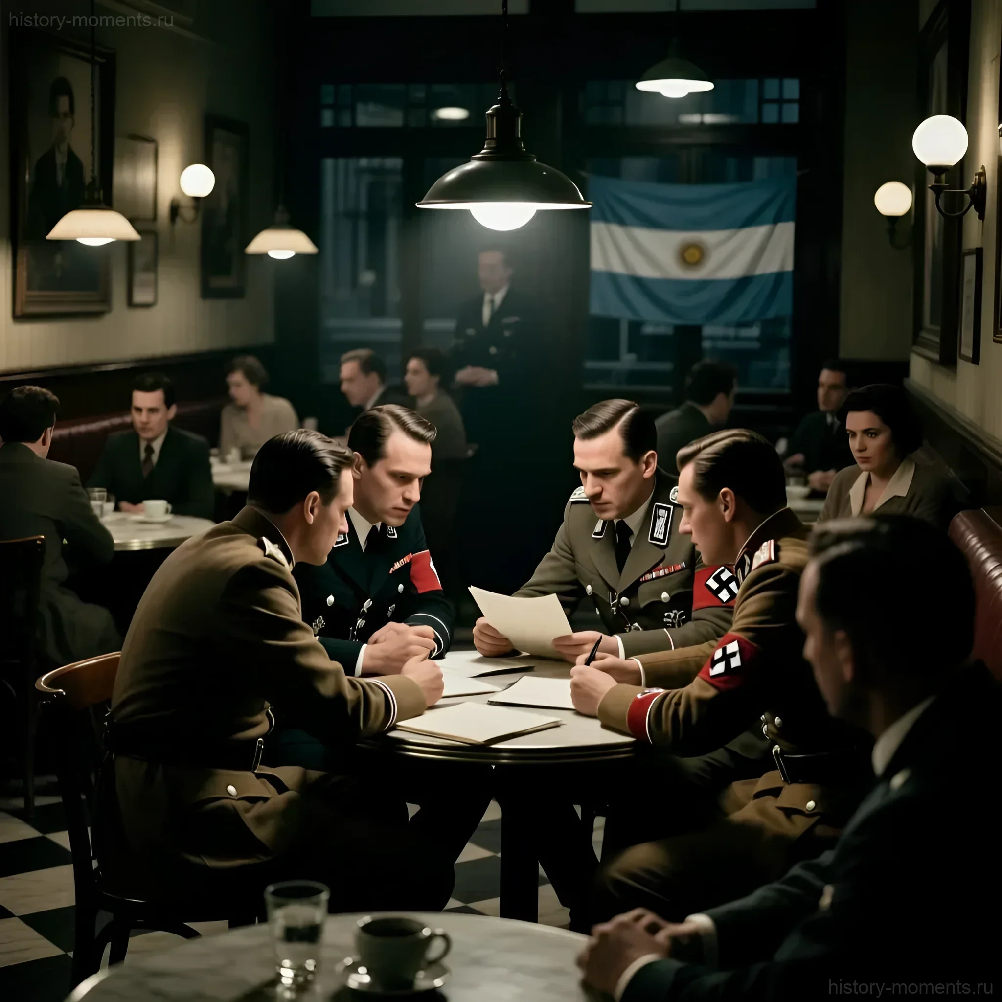 Группа мужчин в военной форме и гражданской одежде, предположительно нацистских офицеров и их сторонников, за столом в аргентинском кафе, на фоне флага Аргентины.