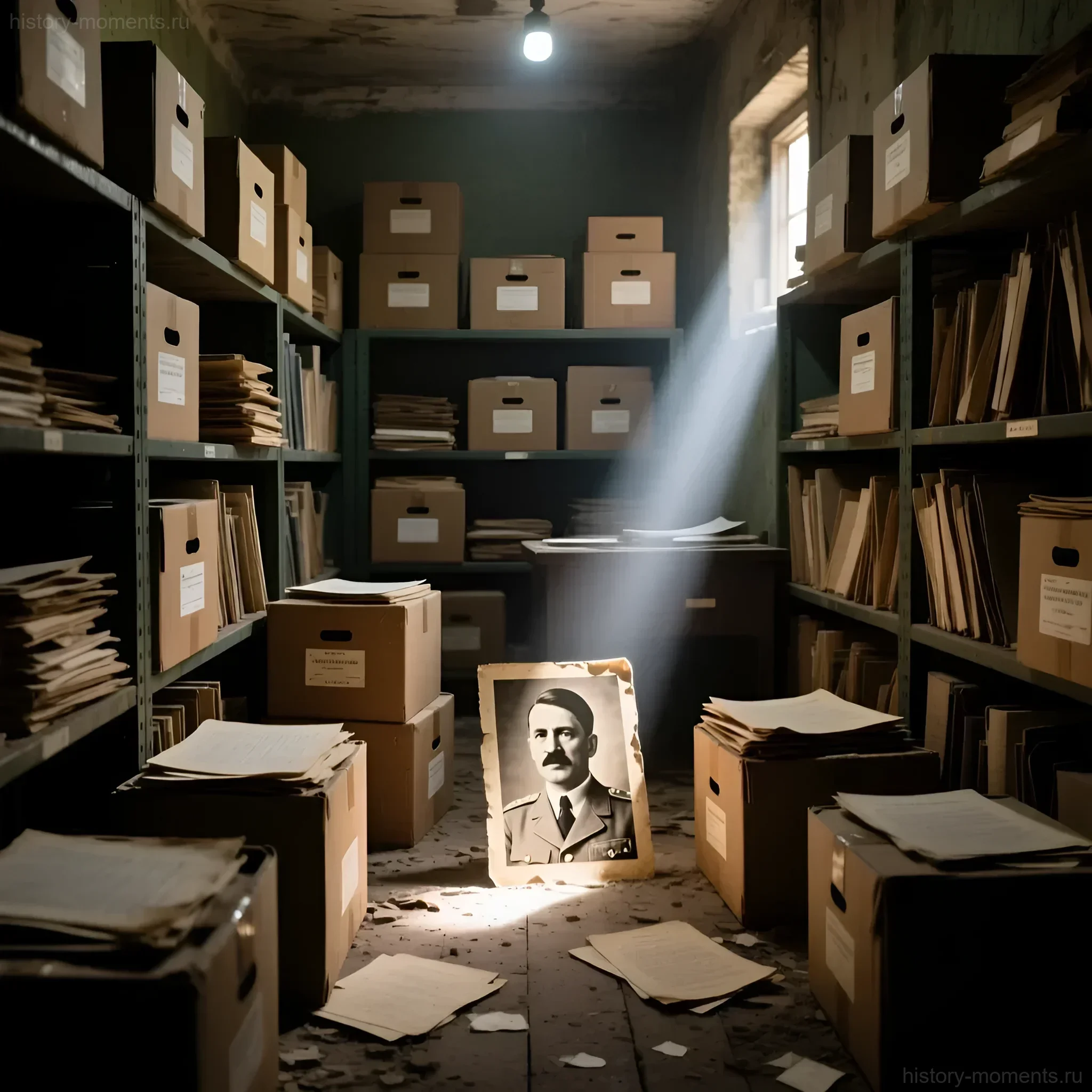 Заброшенный архив с разбросанными документами и портретом Адольфа Гитлера, освещенным лучом света, символизирующим тайну его исчезновения.