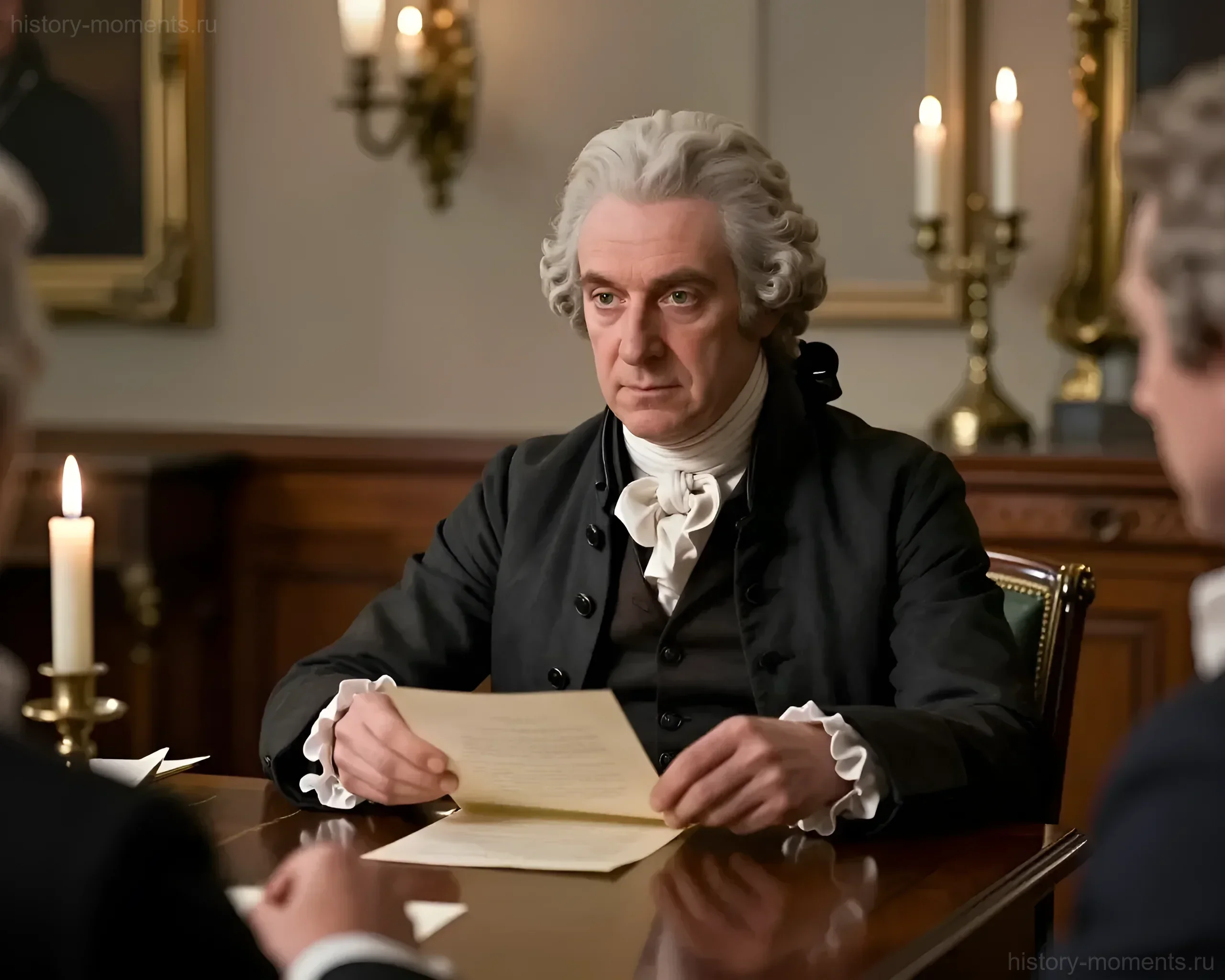 Кадр из кинофильма «1776»: актёр в парике и историческом костюме читает документ за столом при свечах, иллюстрируя напряжённую атмосферу создания Декларации независимости США в июне 1776 года.
