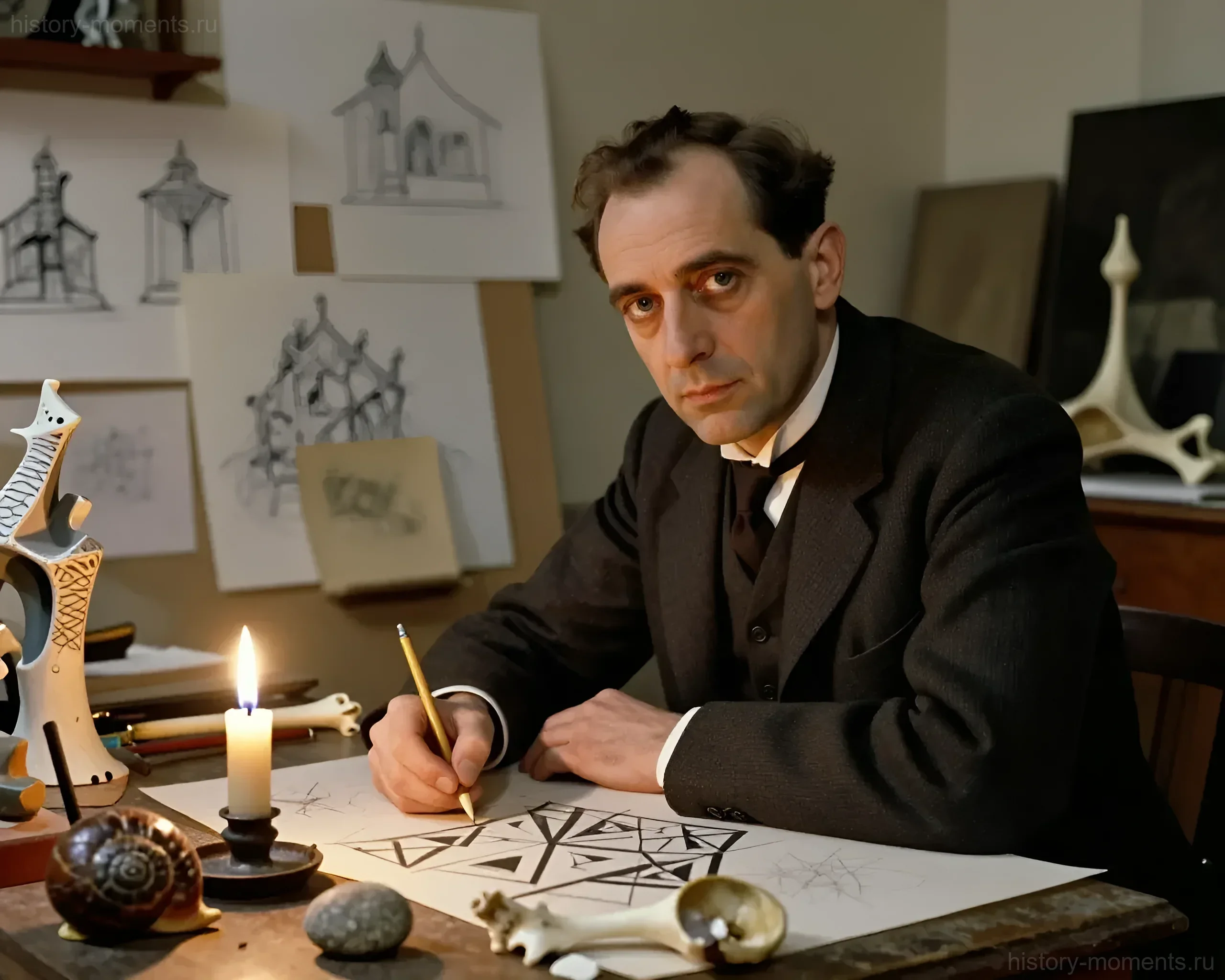 أنطونيو غاودي يرسم نمطًا هندسيًا على ضوء الشموع في ورشته، محاطًا برسومات للكنائس، وأصداف، وعظام - رمز لعمارته العضوية ومنهجه الصوفي في الإبداع.