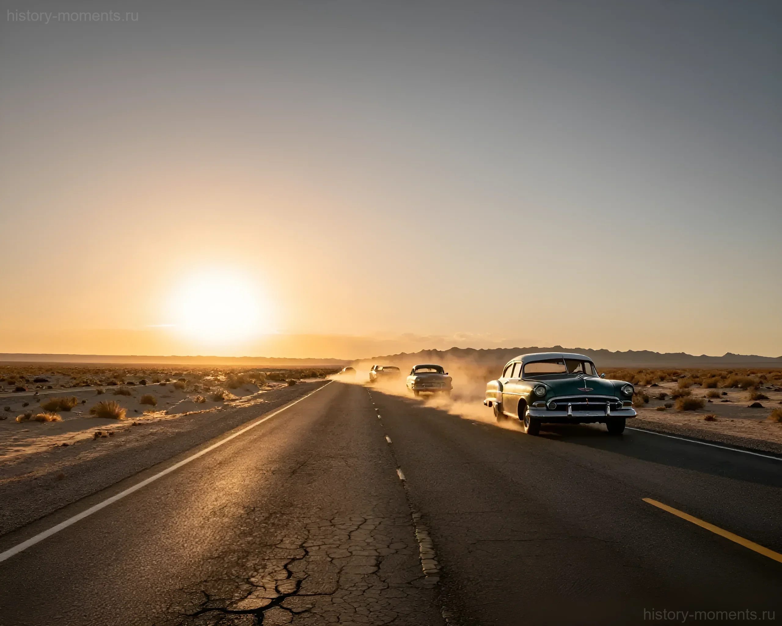 Колонна винтажных американских автомобилей 1950-х годов мчится по трассе Route 66 в пустыне на закате, поднимая облака пыли, символизируя дух свободы и историю американских дорог.