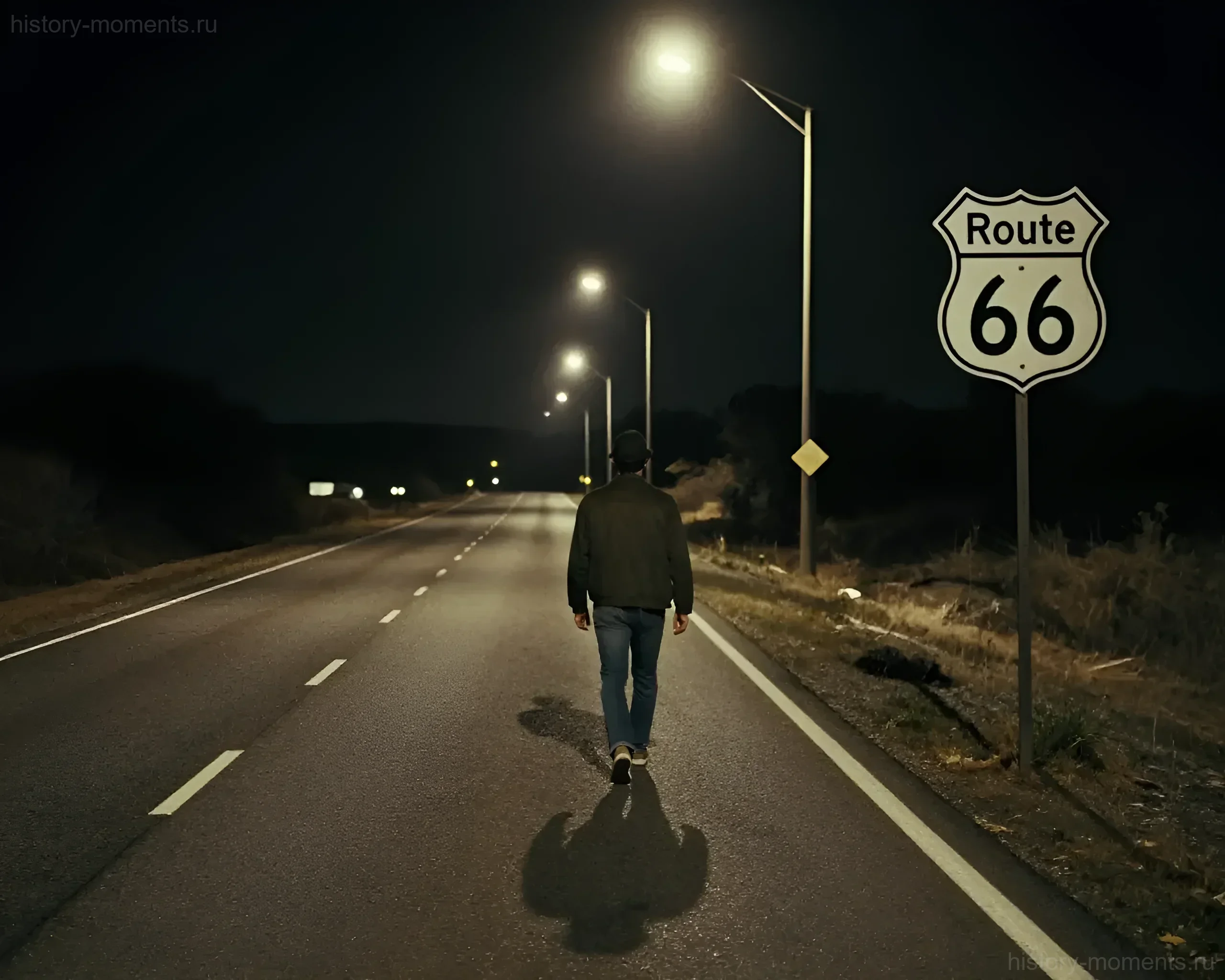 Мужчина идет по ночной дороге Route 66 под уличными фонарями, символизируя дух путешествий и истории знаменитой американской трассы.